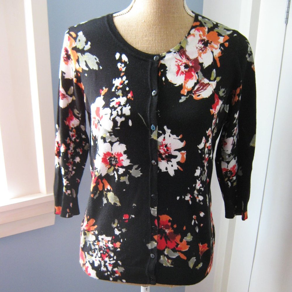 Joseph A Black Floral Cardigan Sweater